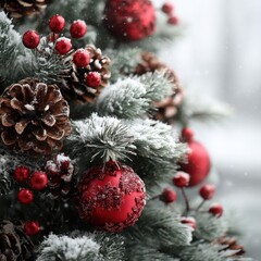 A Crystal Clear photo of snowy Christmas tree with red ornaments and pinecones, evergreen, decorations.