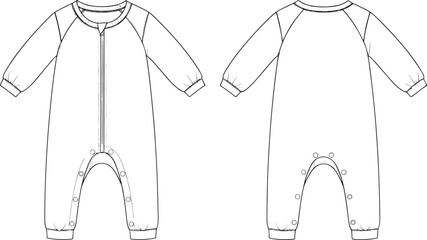 Baby romper technical flat sketch with long sleeves, front zipper, snap button closure, vector fashion design template, infant clothing illustration, apparel outline drawing