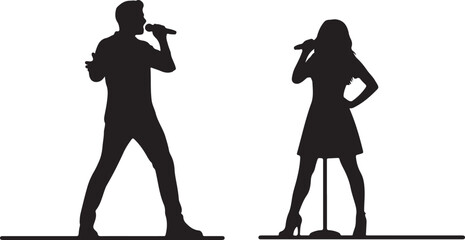 Silhouette performers on stage, a male vocalist and female singer with microphones, performing during a musical concert, illustration