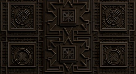 Intricate Geometric Patterns on a Dark Wooden Surface.