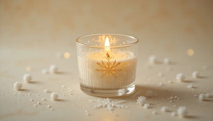 Warm Christmas Scented Candle in Glass Jar with Snowflake Decoration and Bokeh Lights on Beige Background for Winter Holiday Marketing and Seasonal Greetings