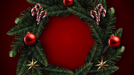 Elegant Christmas wreath with ornaments and candy canes against rich red, perfect for holiday greetings, festive promotions, and seasonal marketing campaigns