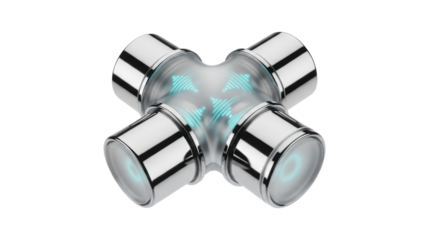 Sleek, minimalist, levitating microphone array of polished chrome & frosted glass with pulsating cyan LEDs on white studio background, copy space, concept of advanced communication technology