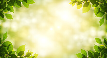 Obraz premium Fresh green leaves frame a bright, dreamy background, creating a serene and inviting natural border with soft, diffused light.