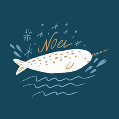 Nursery boho patterned narwhal unicorn whale animal in minimalistic Scandinavian style. Christmas Noel lettering editable elements, fairy tale little sweet childish character. Night sky snowflakes © Knstart Studio