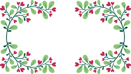 Creative Symmetrical Botanical Wreath Frame Vector Illustration with Red Hearts and Green Leaves