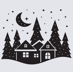Christmas village with snowy rooftops silhouette vector art illustration, winter landscape with houses and trees