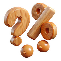 A wooden question mark and percentage sign symbol composition with small wooden balls isolated on transparent background