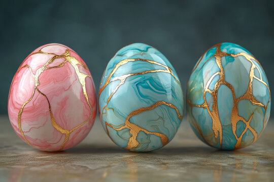 Three decorative eggs with marbled pink and teal patterns highlighted with gold crackle lines stand in soft light.