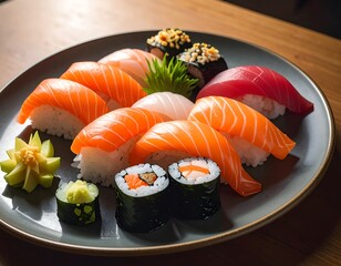 Assortment of fresh sushi, nigiri, and maki rolls arranged on a gray plate with wooden background