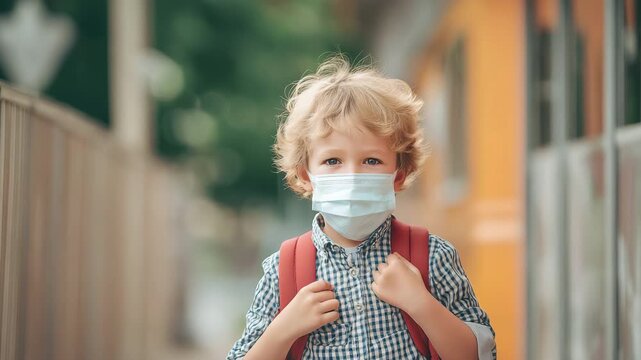 A child wearing a face mask returns to school during the COVID-19 lockdown and quarantine.
