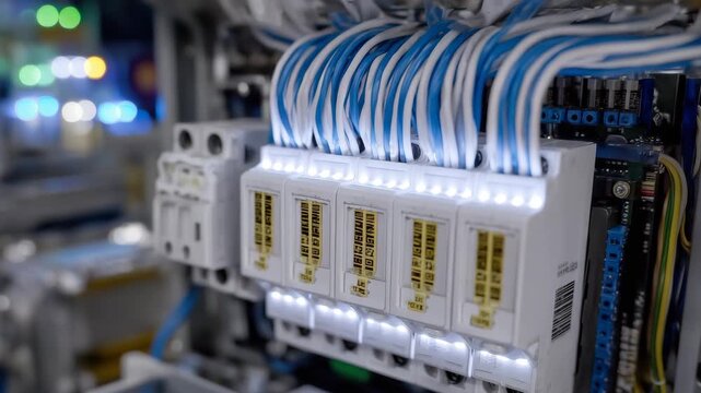 58Programmable logic controllers in deep shadow close-up, precise silhouette of connectors and casing highlighted by subtle backlight