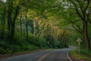 Obraz premium Road through autumn forest path with trees and foliage
