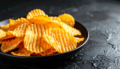 Plate of golden ridged potato chips on textured black surface. Tasty snack. Fast food.
