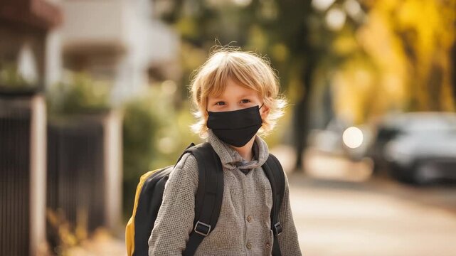 A child wearing a face mask returns to school during the COVID-19 lockdown and quarantine.