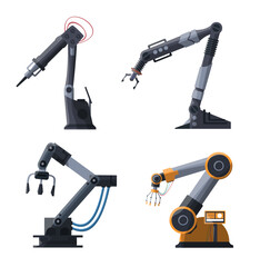Vector illustration of four industrial robotic arms with different designs and mechanical grips. Modern automation technology concept for factories, engineering, and industry.