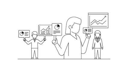 Three people are holding statistic charts