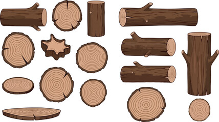 Vector set of cut wooden logs, tree trunks, and cross sections isolated on white background