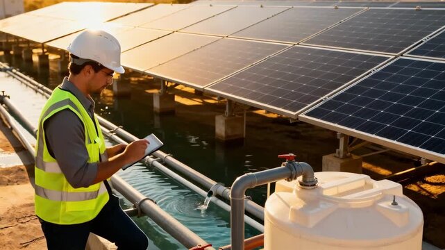 Engineer inspecting solarpowered desalination panels monitoring clean energy conversion processes to produce sustainable freshwater from seawater.