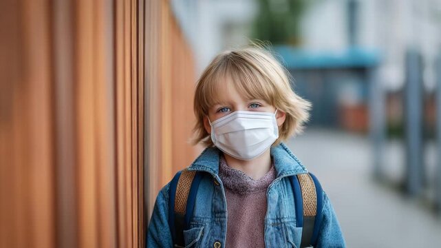 A child wearing a face mask returns to school during the COVID-19 lockdown and quarantine.