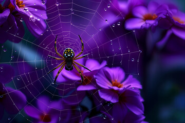 Spider building web near vibrant purple flowers with water droplets in garden