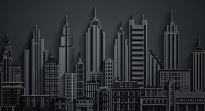 Intricate Layered Papercraft Cityscape in Dark Tones.