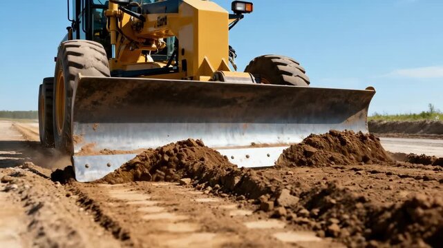 Medium shot of a grader smoothing a dirt road with the blade precisely leveling uneven terrain under a clear sky