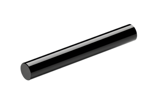 A short, sleek, black cylindrical rod, precisely machined from polished composite, subtly floating against a transparent background with soft studio lighting, concept of minimalist design and refined
