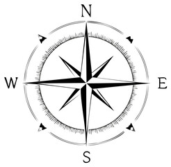 Minimalist black and white compass rose icon showing cardinal directions for navigation and travel