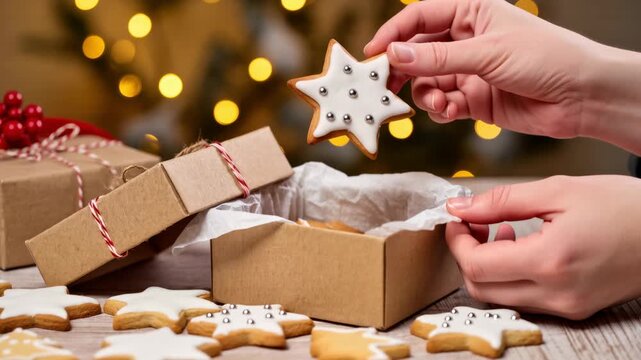 A person places a star-shaped Christmas cookie with white icing and silver beads into a craft gift box. Other cookies and wrapping details surround it. Holiday gift treat.