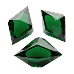 Three abstract, deep emerald green geometric forms with polished, reflective surfaces and sharp angular lines, on a transparent background, with soft studio lighting. Concept of modern minimalist