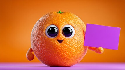 Cartoon orange fruit is holding a purple sign and it is happy