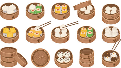 Chinese Dim Sum Food Vector Icon Set with Dumplings and Steamed Buns in Bamboo Baskets