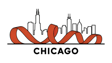 Chicago Skyline with Ribbon: An iconic depiction of the Chicago skyline, artfully intertwined with a vibrant orange ribbon, symbolizing unity and strength, emphasizing the city's spirit.