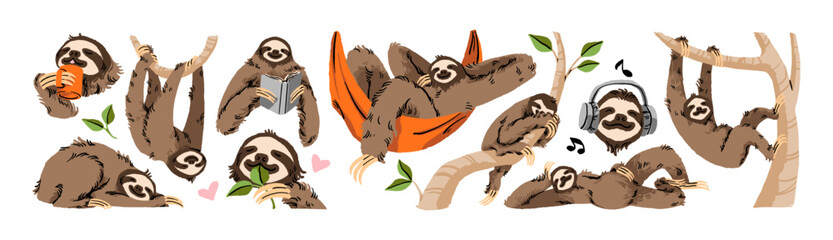 Cute sloth set. Happy jungle animal hangs on branch, sleeps on tree, eats leaves and relaxes. Funny character reads book, drinks coffee and has a rest. Flat isolated vector illustration on white. © Paper Trident