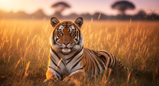 A majestic tiger rests peacefully in a golden field, bathed in the warm glow of the setting sun, creating a serene scene