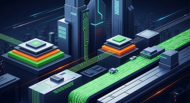 Futuristic Cityscape with Digital Data Flow and Network Connections.