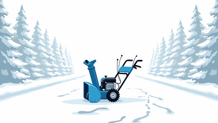 Blue snowblower in driveway surrounded by winter forest and snowy road concept of cold season equipment