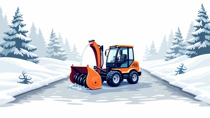 Heavy orange snowblower in driveway cleaning snowy road among pine trees concept of winter city service