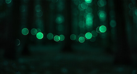 Mystical emerald orbs illuminate the obscure night forest, creating a dreamlike ambiance with their ethereal glow.
