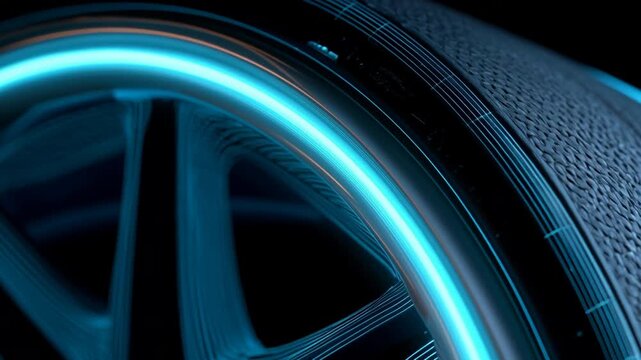 Neon blue wheel rim glowing tire edge futuristic car detail illuminated spoke pattern textured rubber surface electric alloy closeup motion blur high