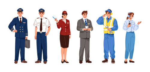 Fototapeta premium Airplane crew set. Team of aircraft. Group of happy workers of airport in uniform. Commander of plane, pilot, flight attendant, stewardess. Flat isolate vector illustrations on white background.