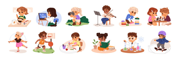 Different kids' hobbies set. Happy children play chess, music instruments, reading books and drawing. Cute boys and girls have fun, like photography. Flat isolated vector illustrations on white. © Paper Trident