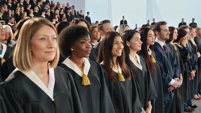 Graduates in black gowns standing proudly during ceremony  
