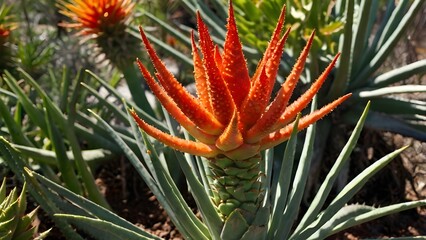 Aloe socotrine plant with thick, fleshy green leaves edged in red and tall orange flower spikes down the sun