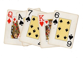 A hand of vintage playing cards isolated on a white background.