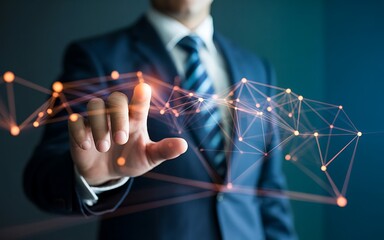 Hand touching a glowing digital network of connections and nodes image photo