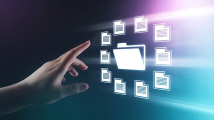 Hand Interacting with Digital Folder and Document Icons data files