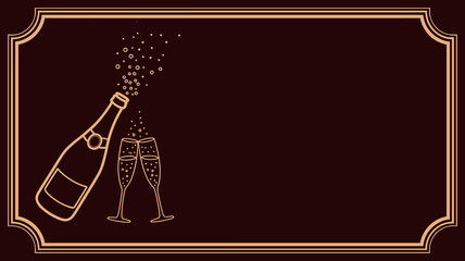 Champagne bottle and glasses with bubbles in gold line art on dark burgundy background