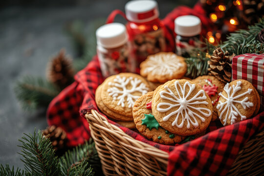 Festive Christmas hamper filled with gingerbread cookies iced like snowflakes, jars of sprinkles, plaid throw, ornaments and pine branches for a cozy, joyful holiday gift